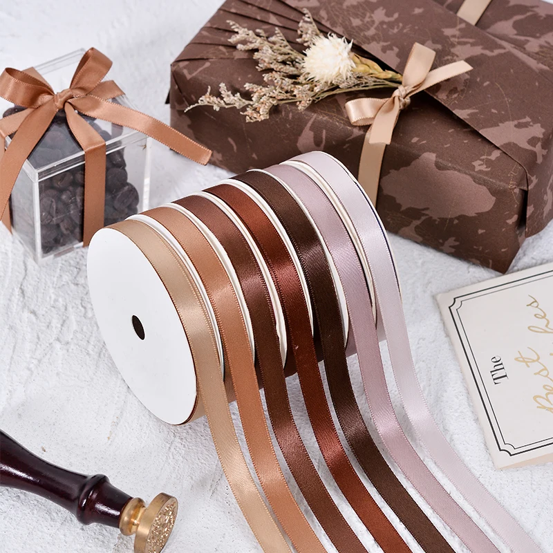 YAMA 100yards 6 9 13 16 19 22 mm Single Face Satin Ribbon Gold Brown Ribbons for Party Wedding Decoration Handmade Rose Gifts