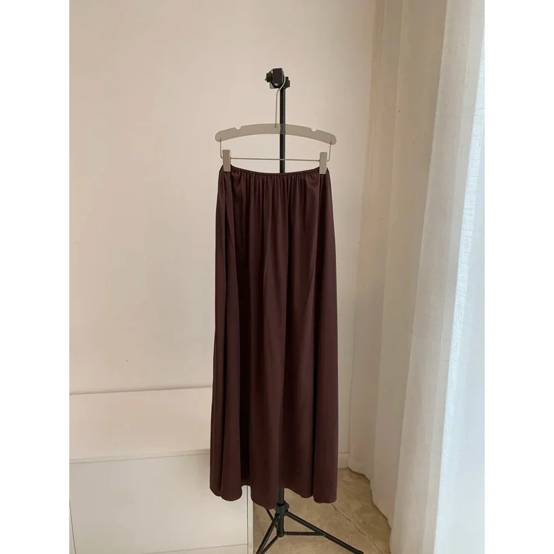 

2026 New Arrival: Women's Premium Coffee-Colored Satin Midi Skirt with Elastic Waist