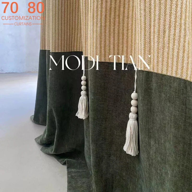 New Vertical Bar Green Jacquard Thickened Chenille Patched Curtains for Living Room Bedroom French Window Partition Curtain