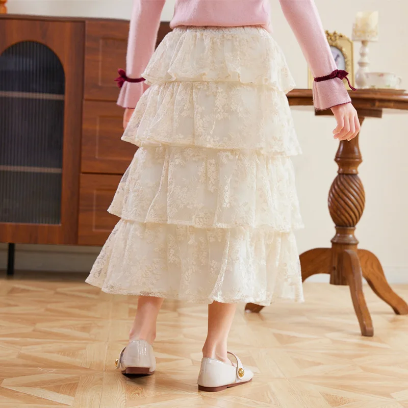 

Cream Botanical Lace Tier Long Skirt Kids Girls Gathered Waist Draped Silhouette Bottom Photo Shoot Family Day Trip Casual skirt