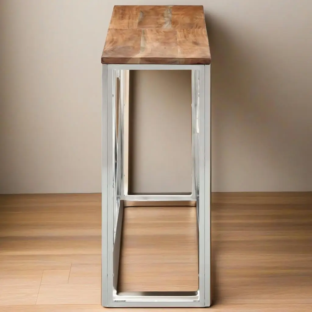 Modern Silver Stainless Steel & Acacia Wood Console Table - Stylish Entryway Furniture