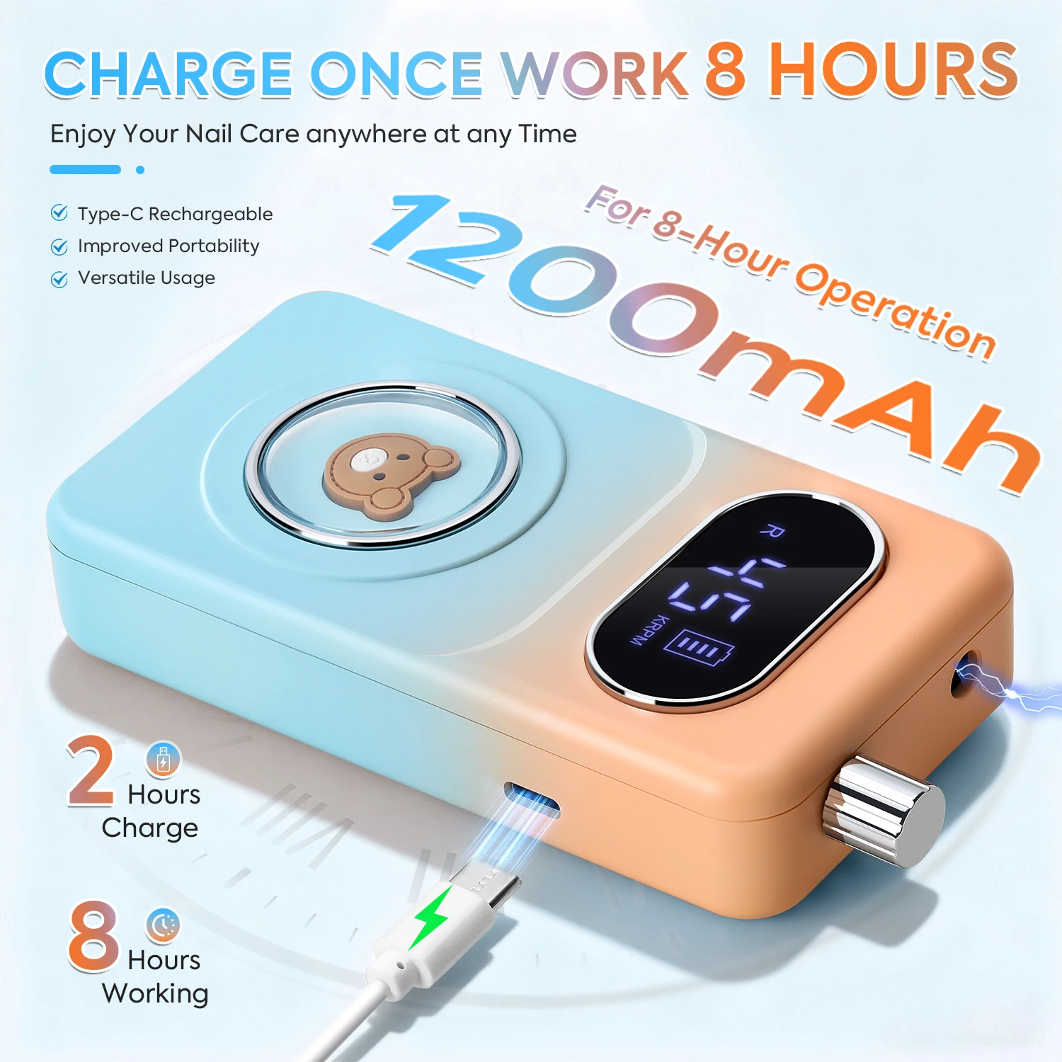 Trapano per unghie ricaricabile Lima per unghie elettrica portatile da 45000 giri/min con design simpatico orso, velocità regolabile e display LCD