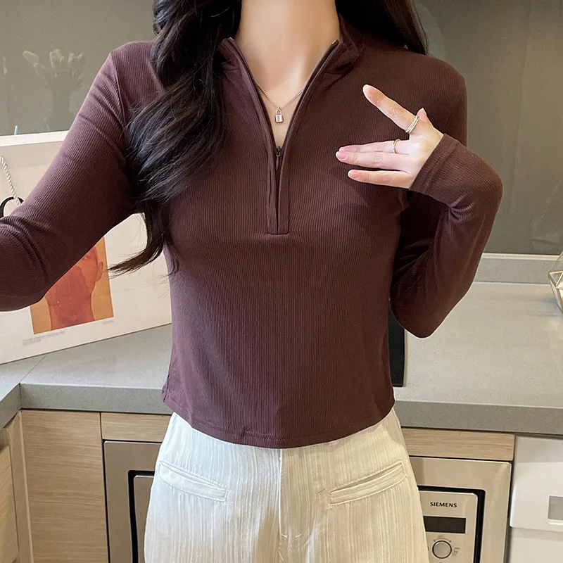 

Spring Autumn Women's Pullover Turtleneck Solid Zipper Long Sleeve Undershirt T-shirt Fashion Casual Office Lady Elegant Tops