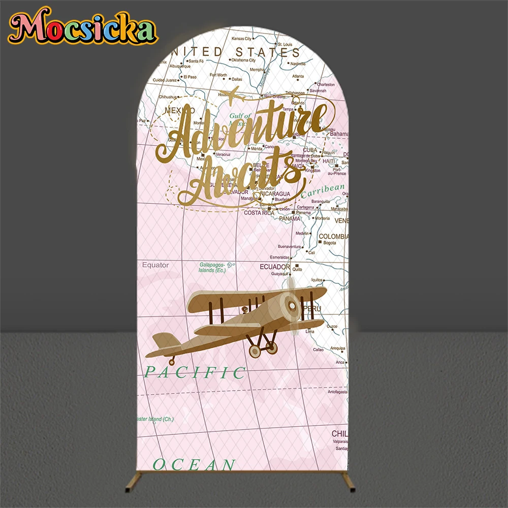 Mocsicka Global Adventure Arch يغطي خلفية عيد ميلاد مقوسة خلفية الوردي خريطة طائرة السفر ديكور الزفاف حفلة التصوير الفوتوغرافي #2