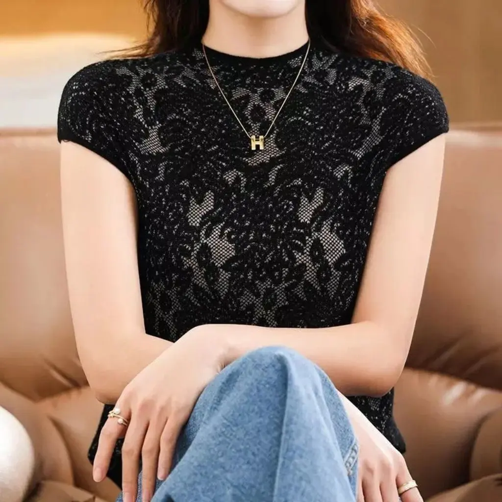 

Women's Ice Silk Knitted Sweater Sleeve Lace Half-High Collar Hollow Detail Short Sleeve Stylike Inner Top