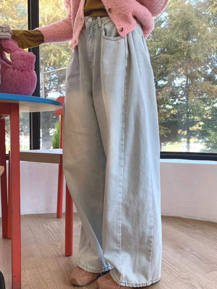Chic High Waist Wide Leg Jeans Women's Autumn Winter Casual Style Side Pleated Washed out Versatile High Waist Long Pants