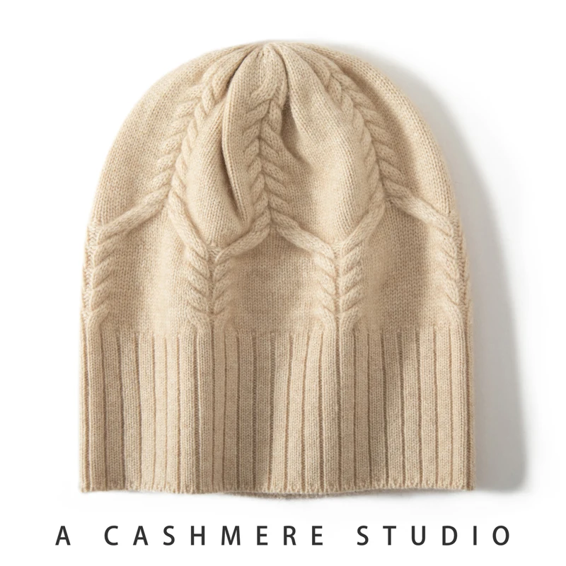 Nowy kapelusz damski 100% kaszmirowe dzianinowe nakrycia głowy Ciepłe czapki Beanie Winter Lady Fashion Solid Color Thicken Cap Female Jacquard Cap