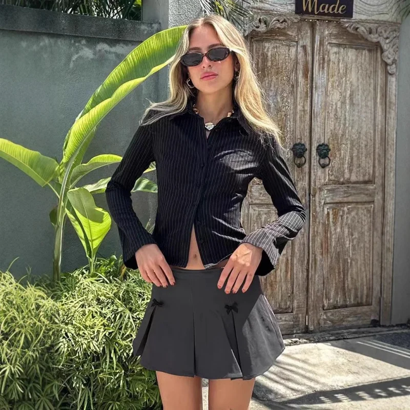 

PrincPolly Vintage Sexy Low Ne Striped irt Button Ne Long Sve Women's Faion Casual Polyester Spring Summer