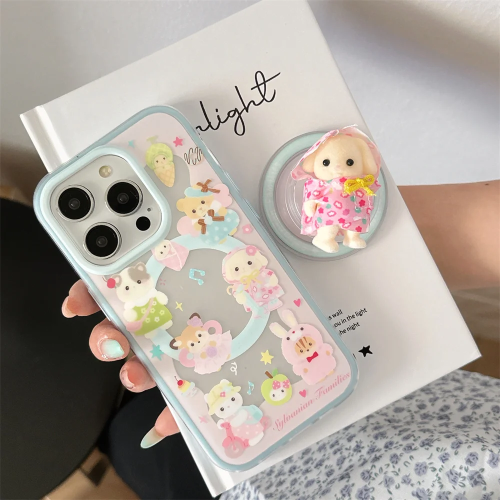 

New Cute Bear Rabbit Magnetic Stand Phone Case For iPhone 16 15 14 16 promax Fundas cartoon with Magsafe Girls protective cover