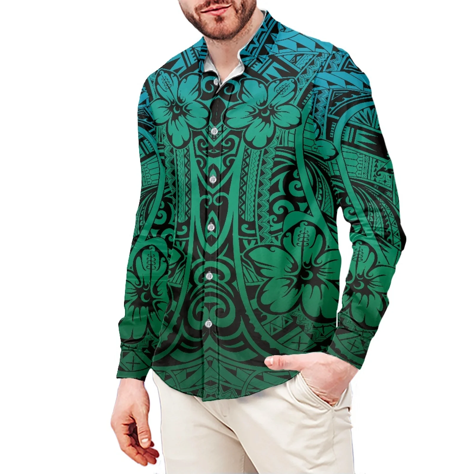 

Green Hibiscus Print Polynesian Style Men's Shirt Stand-Up Collar Shirt 6XL Slim Long Sleeve Men's Shirt Men's Clothing