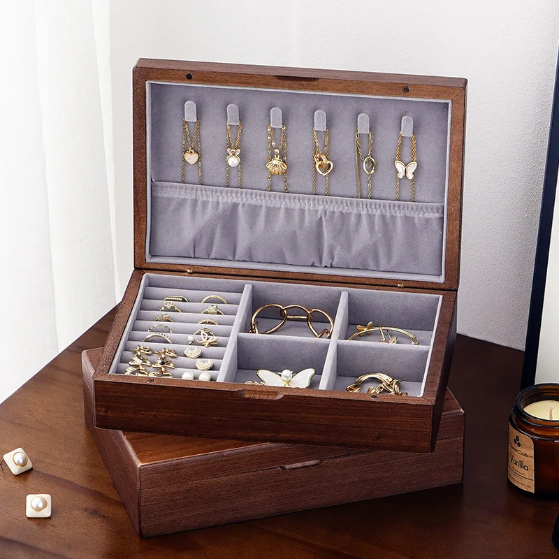 

Vintage Solid Wooden Jewelry Box Rings Earrings Necklaces Display Case with Lid Jewelry Organizer Box for Women