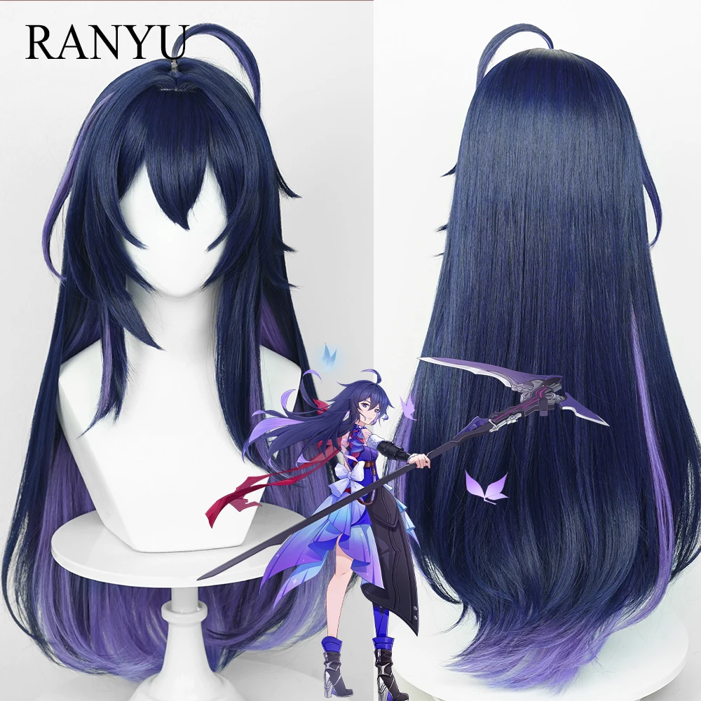 RANYU Honkai: Wig bintang rel Seele dengan poni sintetis panjang Lurus ungu permainan Cosplay rambut palsu untuk pesta