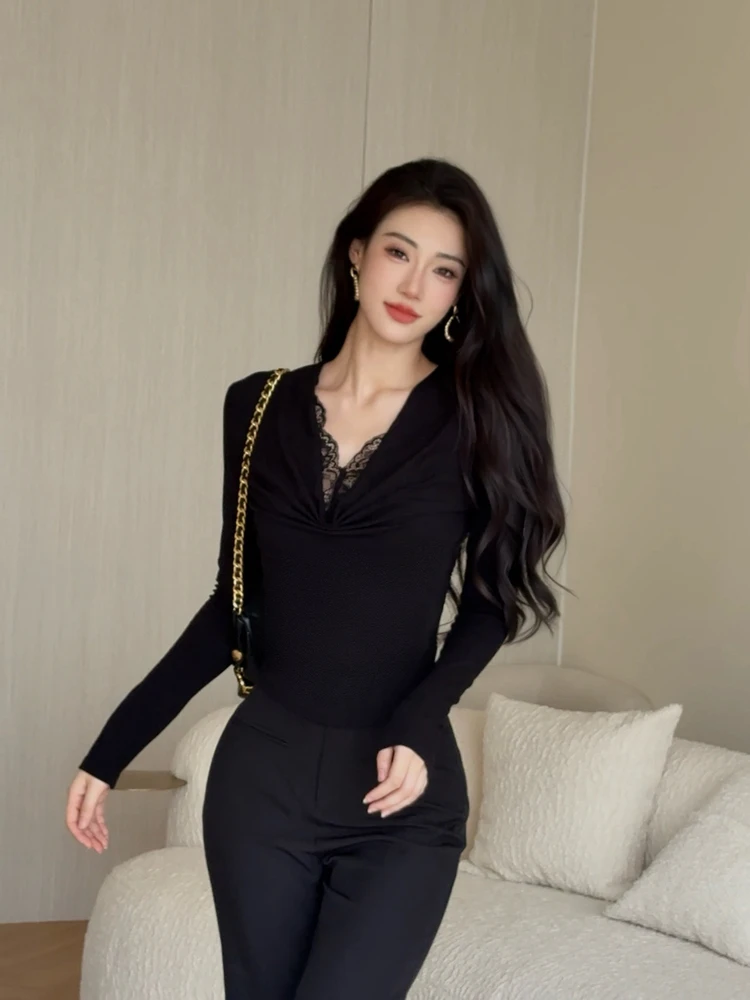 

Утягивающий кружевной трикотаж с длинным рукавом и V-образным вырезом, модный, сексуальный, в корейском стиле, базовый слой, для носки отдельно, повседневный, универсальный крой