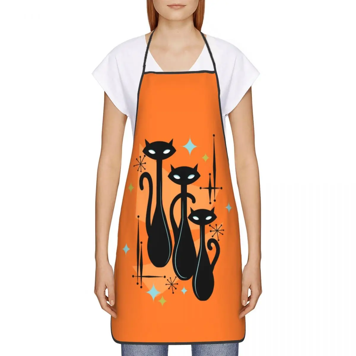 Vintage Style Atomic Black Cat Aprons Men Women Cartoon Kitten Adult Unisex Kitchen Chef Bib Tablier Cuisine Cooking Baking