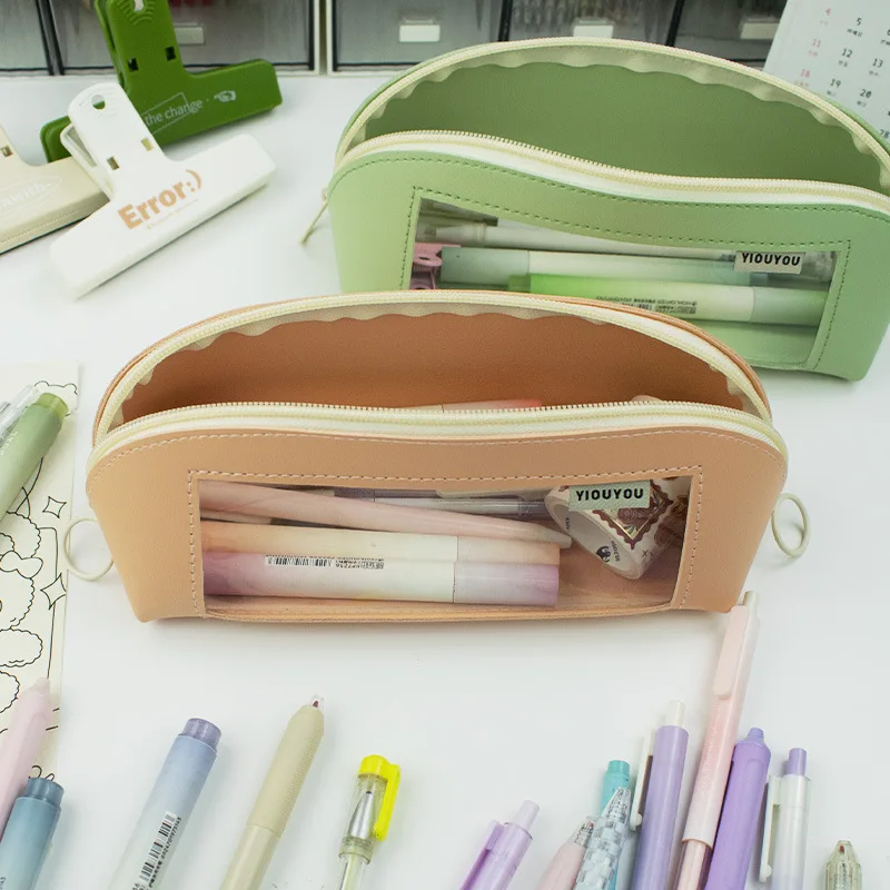 Shell Morandi Color Leather Pencil Case Transparent Window Waterproof Large Capacity Pencil Case Student Stationery