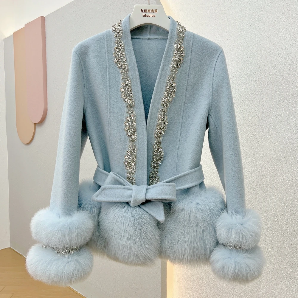 2023 New ladies Real Natural Fox Fur Coat Winter Women handmade crystal beaded new women\'s winter jackets