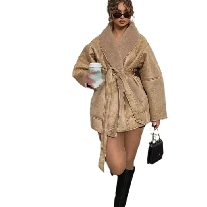 Women Sheepskin Neck Spliced Faux Leather Coat With Belt Fashion Loose Lapel Pocket Overcoat Lady Winter Warm Thicken Streetwear