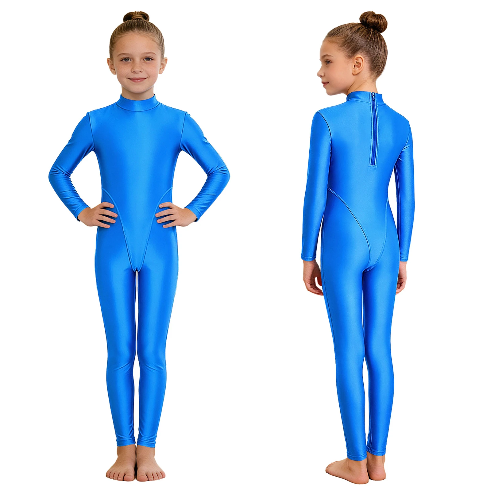 

Детский глянцевый эластичный гимнастический комбинезон для фигурного катания и танцев для девочек, облегающий однотонный трико с длинными рукавами для танцев