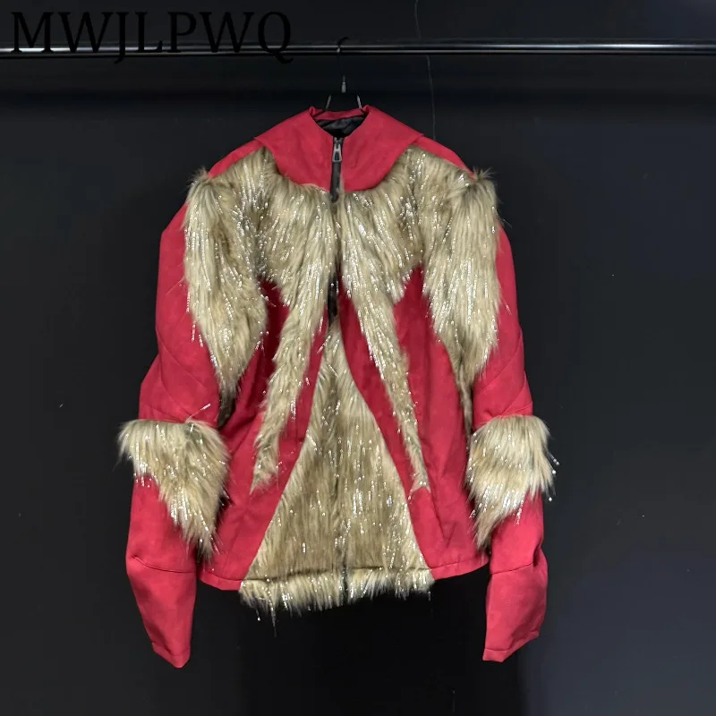

MWJLPWQ Fashion Style Hooded Jacket For Men Spliced Fur Design Long Sleeve Zipper Couples Loose Casual Coat Red Patchwork 12875