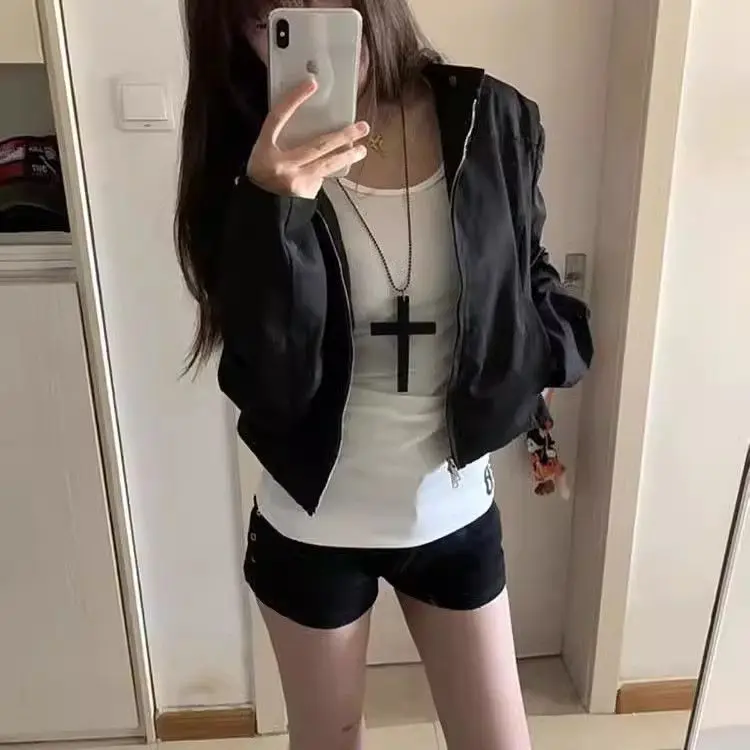 

Байкерские куртки, женская куртка, тонкая летняя эластичная открытая расклешенная куртка без рукавов, милая, милая, кавайная, пляжная, солнцезащитная, для отдыха