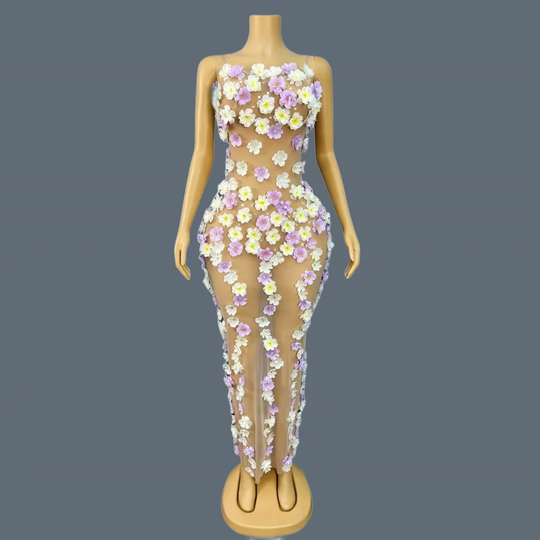 

Purity Elegant Strapless Long Dress Purple White 3D Flower See Through Mesh Evening Dress Sexy Women Tight Fitting Gown Zitanhua