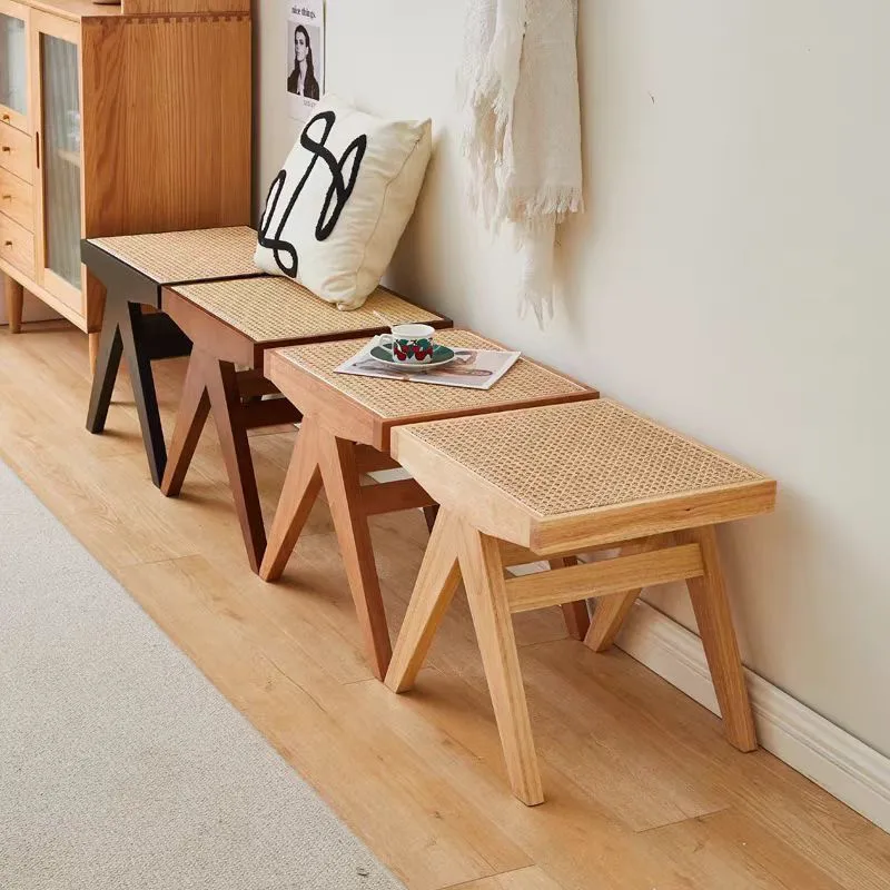 Handwoven Rattan Storage Ottoman, Solid Wood Square Stool Entryway Bench, Multi-Functional Seat for Dining Room & Home Decor