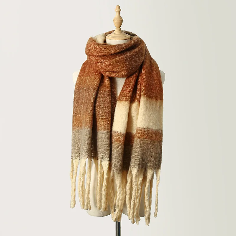 New Fashionable Trend Winter Plaid Scarf Women Luxury Brand Imitation Cashmere Thickened Warm Tassel Rainbow Color Shawl