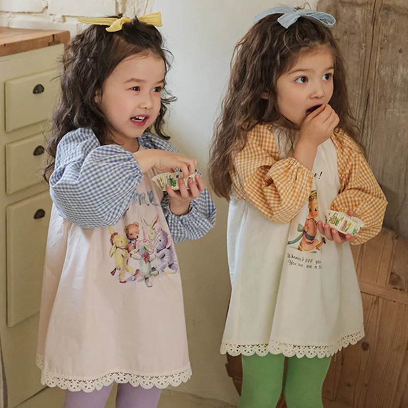 

Новый осенний топ для маленьких девочек с круглым вырезом и длинными рукавами, футболка для маленьких девочек, клетчатый детский повседневный топ с мультяшным принтом для девочек