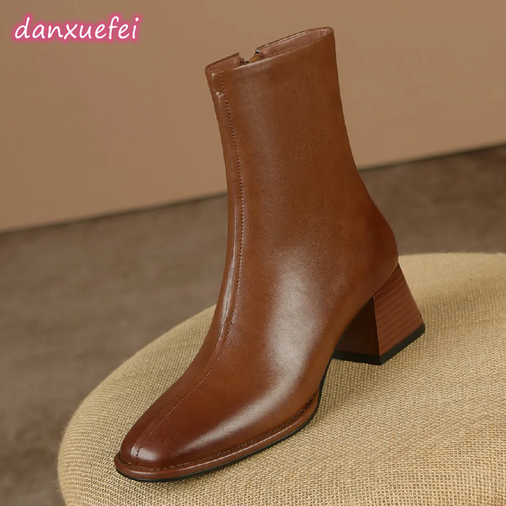 

danxuefei big size 34-42 women's genuine leather 5.5cm thick med heel square toe side zip autumn ankle boots elegant ladies shoe