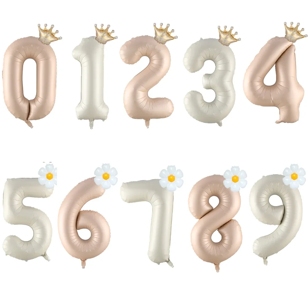 2pcs 32inch Cream Number Balloons with Crown Foil Balloon 1 2 3 4 5 6 Birthday Party Wedding Decoration Baby Shower Air Globos