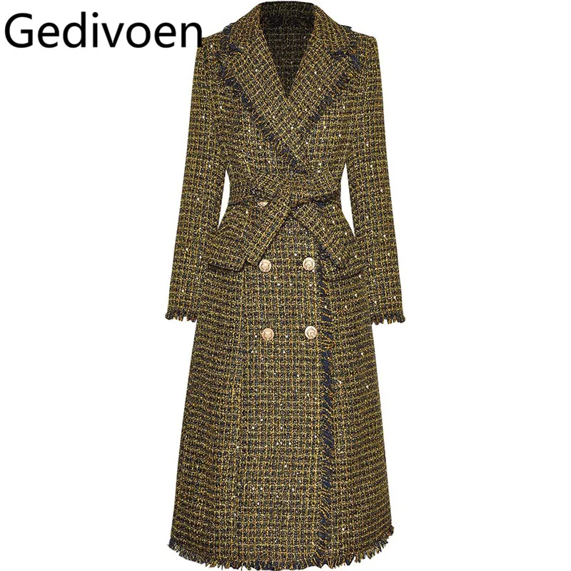 Gedivoen Women's Elegant Streetwear Plaid Coat Autumn and Winter Long Sleeve High waist Lace-Up Double-breasted Overcoat