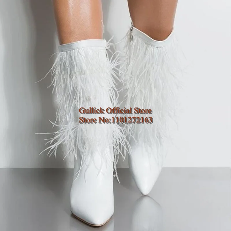 أحذية بيضاء من الريش بمقدمة مدببة وكعب ستيليتو من الجلد باللون الأسود والأبيض وسحاب جانبي أحذية حديثة لمنتصف الساق