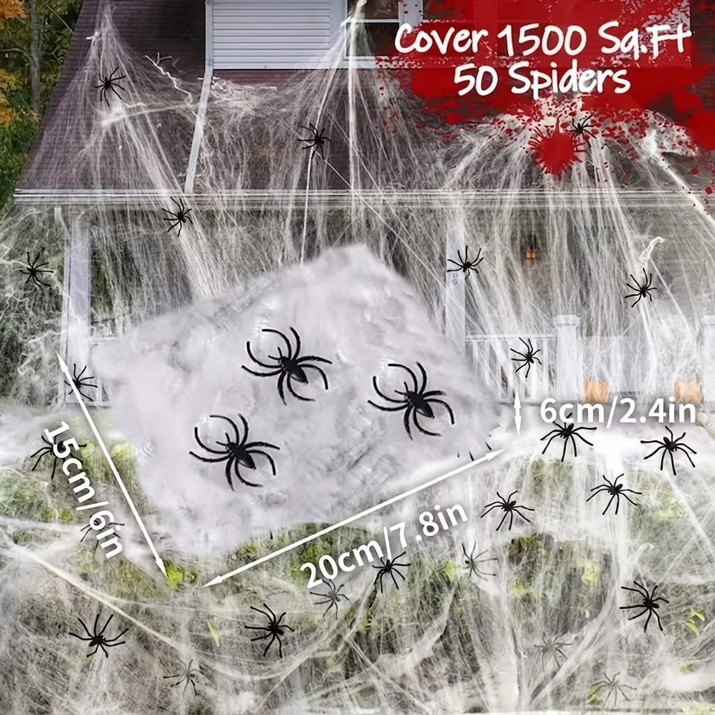 Halloween Spider Web Decor, 10.58 Oz Stretchable Cobweb Covers 1500 Sq Ft with 50 Pcs Fake Spiders, Indoor & Outdoor Halloween Party Decoration for Yard House Haunted House view 2