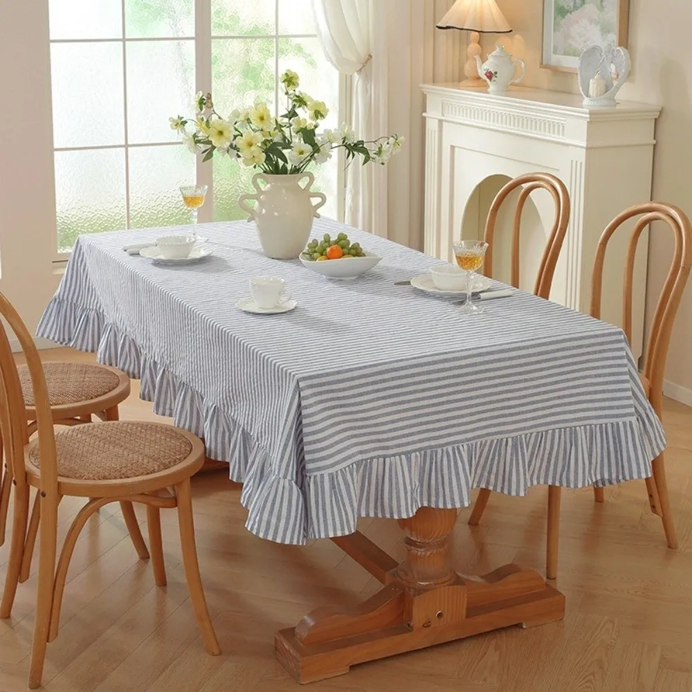 Premium Vertical Striped Table Cover Washable Ruffle Trim Farmhouse Tablecloth Wrinkle-Resistant Rectangular Tablecloth Kitchen