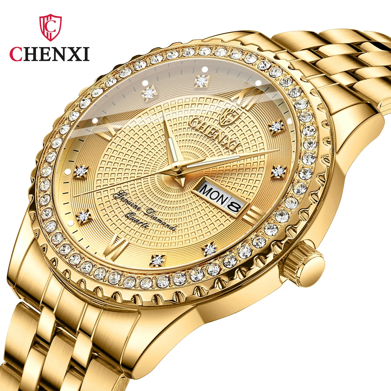 CHENXI 8215 Couple Quartz Watch Fashion Double Calendar Glow Diamond Luminous Golden Stainless Steel Wristwatch for Mens Women