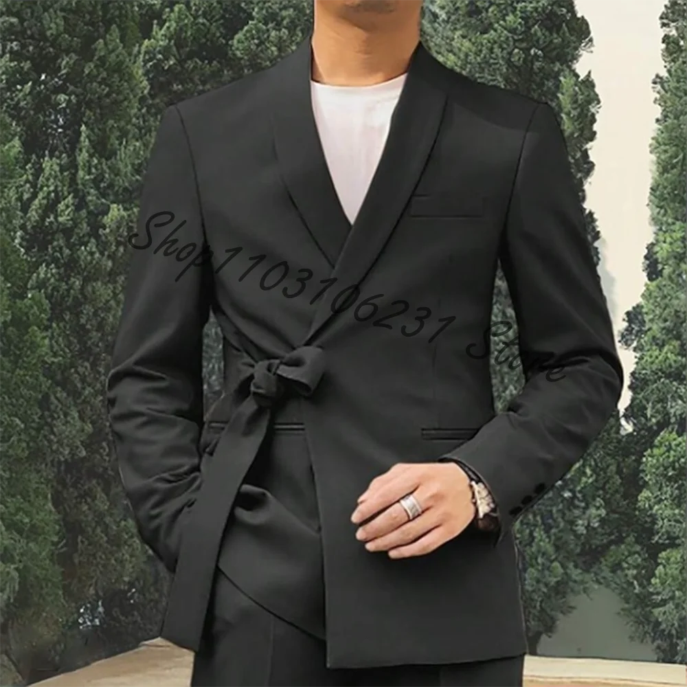 Pakaian pria hitam Slim Fit pengantin pria Formal bisnis Blazer pria Celana syal Lapel kasual pesta pernikahan tuksedo Trajes De Hombre