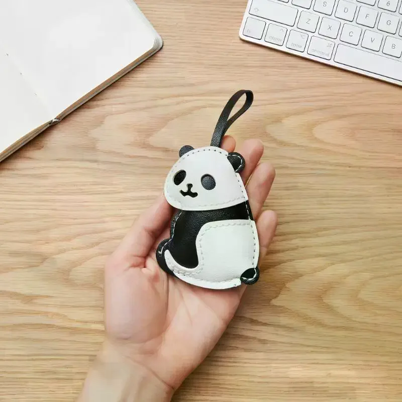 Leather Crafted Cat Panda Keychain; Perfect Car Backpack Pendant and Animal Lover's Gift.
