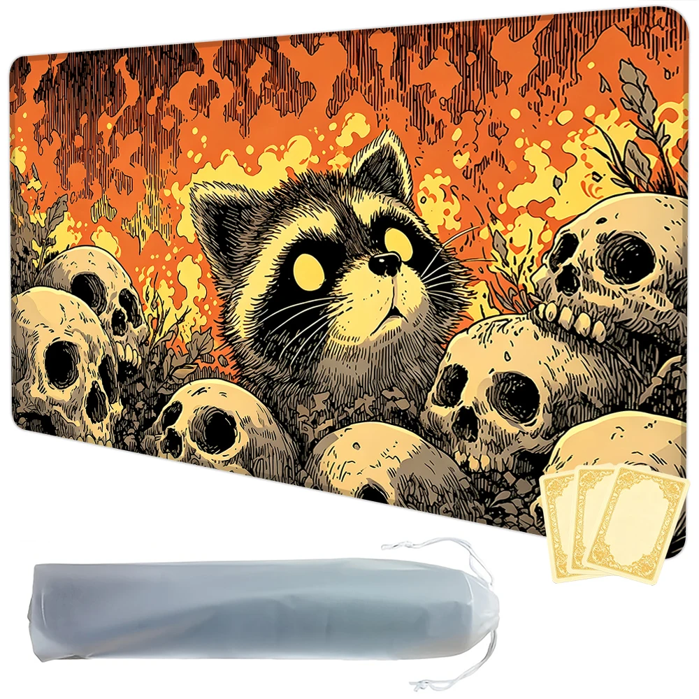 Ukiyo-e Raccoon Skull TCG Playmat Magic Playmat Gathering Gaming Mat with Stitched Edge Anti-slip base 60X35cm Trading Card Game