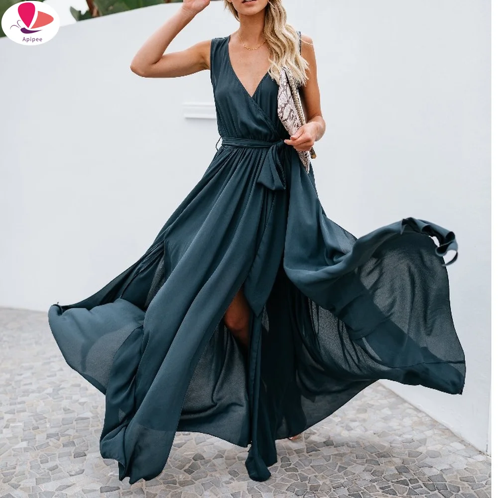 Sexy Vrouwen Riem Maxi Jurk V-Hals Rugloze Chiffon Bandage Strandjurk Elegante Zomer Boho Lange Jurk Vestidos 2024 Nieuw