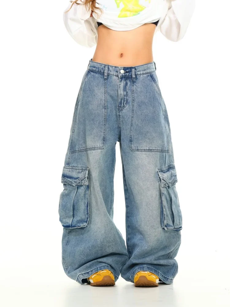 

Уличная одежда в американском стиле ретро Y2K 2021, синие мешковатые джинсы-карго, брюки для женщин, одежда, широкие женские джинсовые брюки, Pantalon Femme