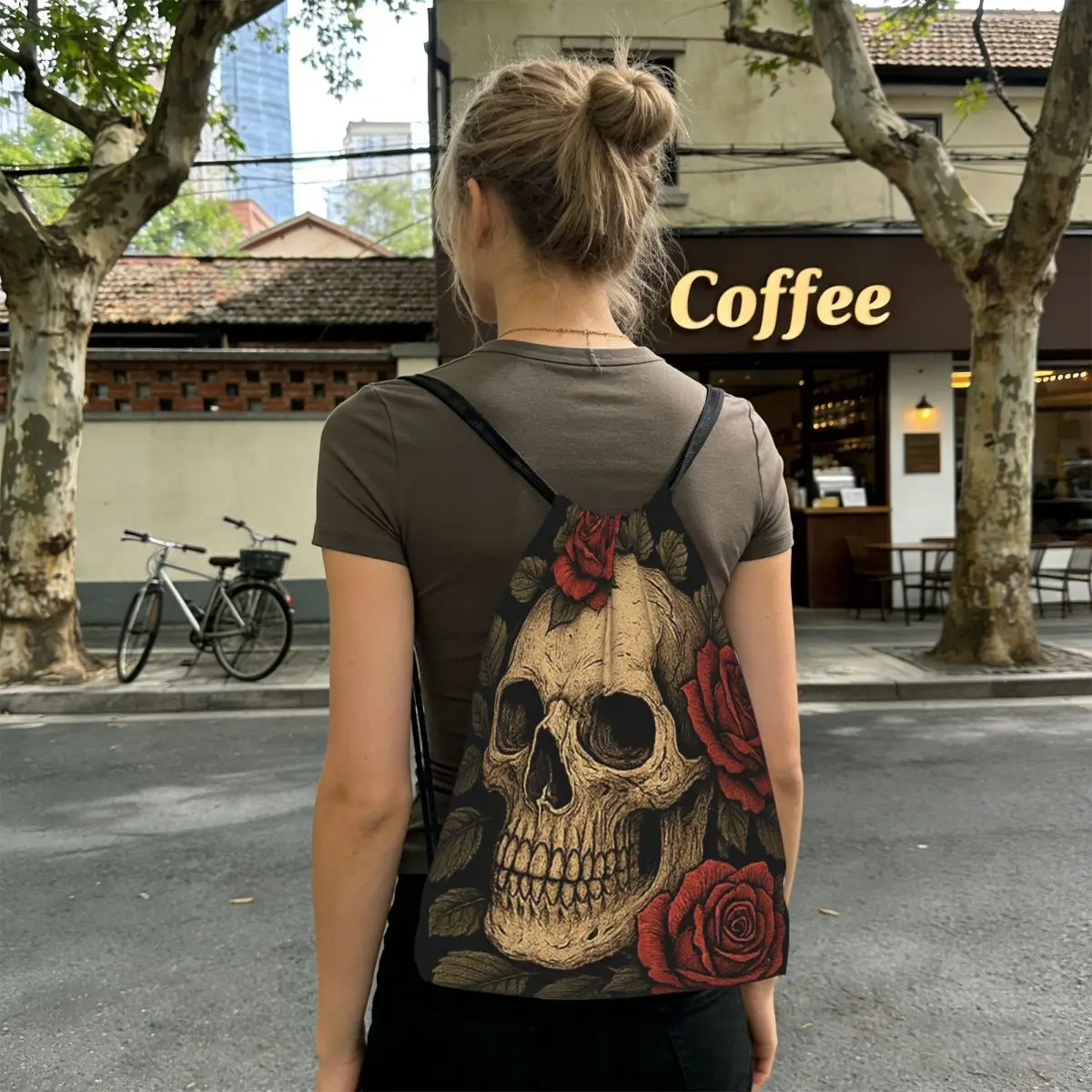 Vintage Gothic Skull Roses Backpacks Fashion Drawstring Bundle Pocket Storage Bag Book Bags for Travel Students