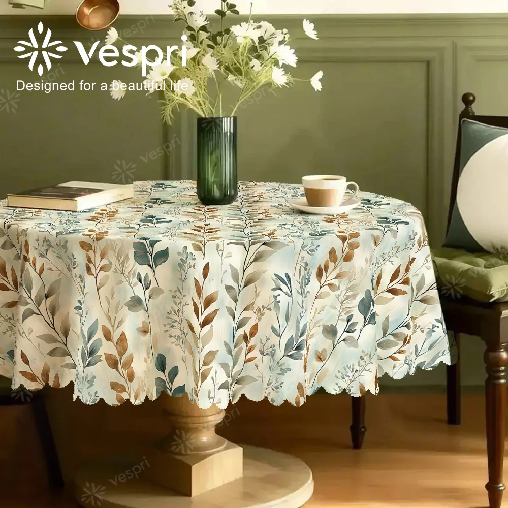 Autumn tablecloth, with white and beige decorations, featuring simple foliage and fallen leaves.