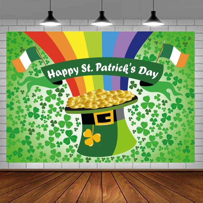 Happy St Patrick's Day Photography Backdrop Green Hat Golden Coins Rainbow Lucky Clover Irish Flag Background St Patricks Photo