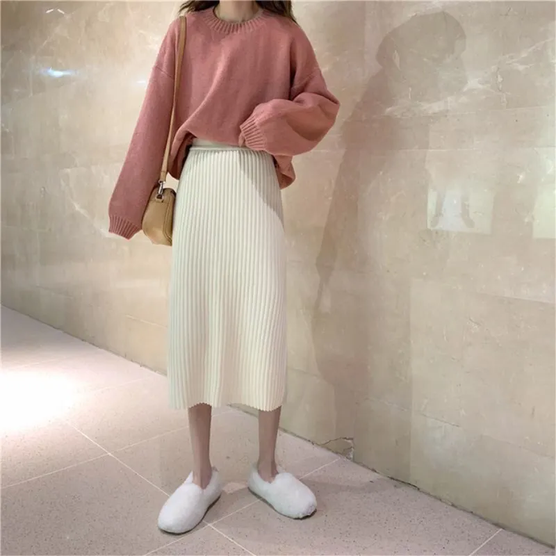 2021 Autumn  Winter New Medium  Long Retro Women's Thin Knitted A-line Skirt Pleated Skirt Girls' Daily White