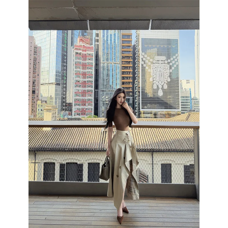 Vintage Asymmetrical A‑Line Skirt High Waist Contrast Plaid Inner Long Midi Skirt Button Decor British Style