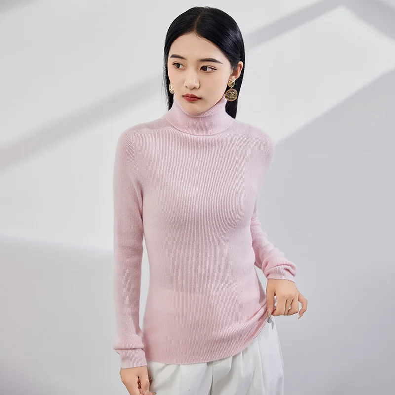 100% Cashmere Pure Cashmere Sweater, High Reverse Collar Slim fit Versatile Knitted Base Sweater for Women