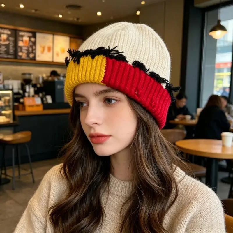 Warm Knitted Beanie Contrast Color Fuzzy Edge Windproof Winter Casual Hat for Outdoor Sports Walking