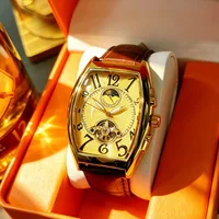 Montre mécanique automatique haut de gamme pour homme, de forme tonneau, design squelette avec fond transparent, bracelet en cuir, montre-bracelet tendance rétro lumineuse et étanche, style polyvalent pour le quotidien professionnel, montre mécanique pour homme au style urbain unique, montre-bracelet de luxe polyvalente et élégante pour homme, choix de cadeau idéal 6