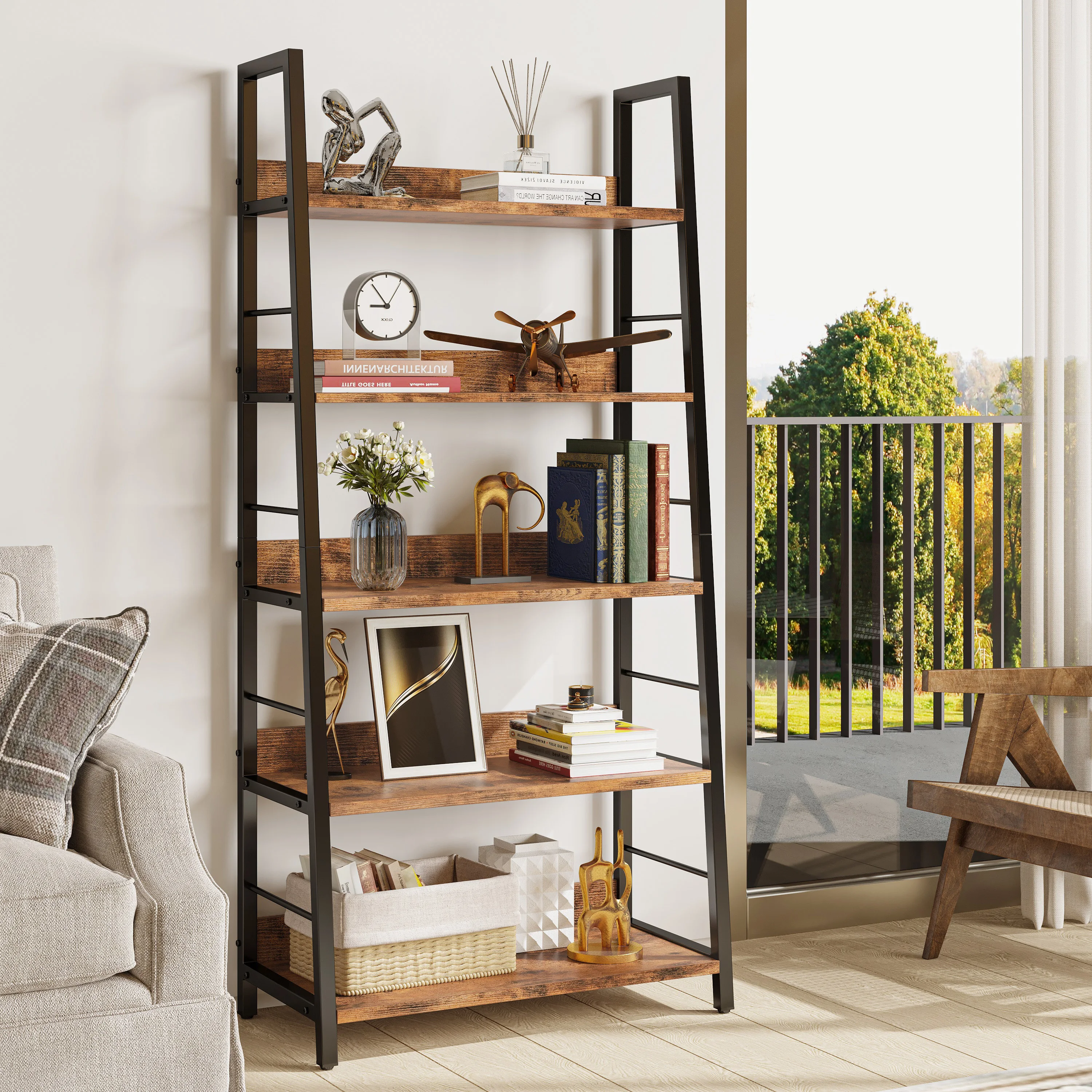 IRONCK Industrial Bookshelves and Bookcases, Ladder Shelf 5 Tier with Metal Frame for Living Room, Home Office, Rustics Brown