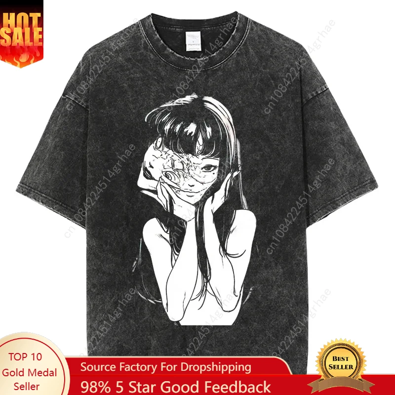

Oversize Acid TShirt For Men Women Thriller Comic Graphics TShirt Washed Kawakami Tomie Anime Top Tees Hip Hop Streetwear Unisex